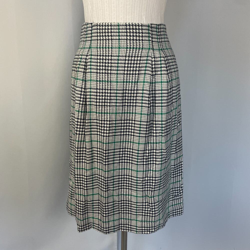 Vintage Midi Skirt Size 12 Black White Green Houndstooth Preppy Academia 80s 90s - Picture 2 of 16